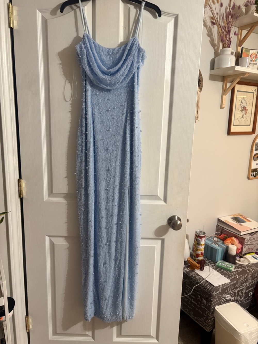 Windsor Light Blue Beaded Cowl Neck Prom Dress